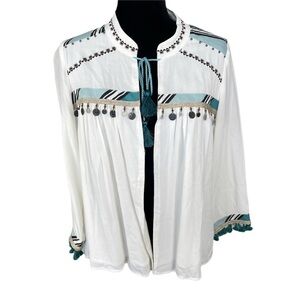 Chico’s Open Front Boho White Teal Light jacket 0P